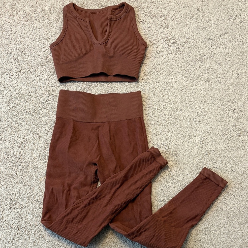 Ribbed Crop Tank and High-Waist Leggings Set - Chocolate Brown